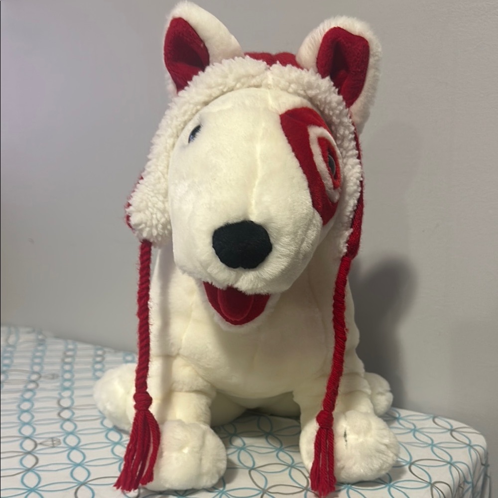 Target Red and White Bull Terrier Dog with winter hat